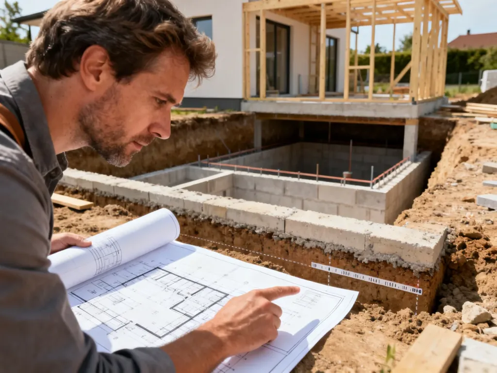 Architekt analizujący projekt budowlany przy fundamentach domu, obrazujący konstrukcję piwnicy i poziomów budynku.