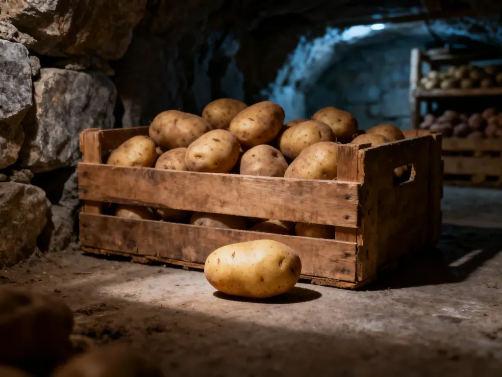 Świeże, twarde ziemniaki w drewnianej skrzynce przechowywane w chłodnej, zacienionej piwnicy.